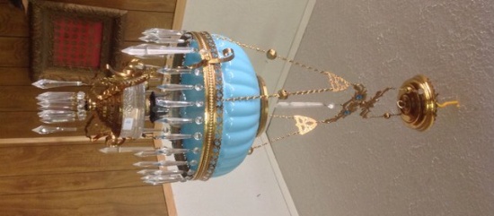 Hanging Blue Glass Lamp with Crystals and Brass Trim