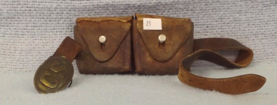 CS Civil War Leather Double Pouch marked on buckle Tiffany Studio NY