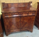 Burl Walnut 1800's Server having two bow front drawers, all dovetailed over 2 large decorated doors