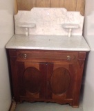 1800's marble Top Wash Stand with large marble backsplash and candle holders , single drawer over 2