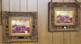 Pair of Fox Hunting Scenes painted on porcelain in gold highly carved frames  17 by 20
