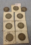 Nine various dated Barber Half Dollars
