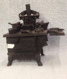 Old Mountain decorated Cast iron Child's Stove with pots and pans  11 tall