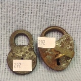 Two antique Locks, one heart shaped with key and Glover Lock with no key