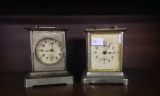 Two early Key wind Alarm Clocks in white metal, German   6 tall