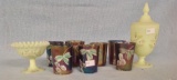 Tray of  seven handpainted glasses and two pieces of signed Fenton