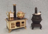 Gold and White miniature Cook Stove and small miniature pot belly stove