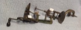 Wooden box with Watch parts  12 by 8, and a primitive apple peeler and cherry pitter