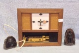 Coal Miner's Clock and two carved coal statues