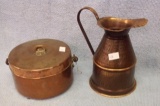 Two pieces of Copper, one is water pitcher hand tampered, other is pot with lid