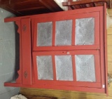 Six punched tin Pie Safe with bottom drawer in red paint  58 by 42 by 17