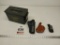 Ammo box, 3 leather pistol holders