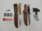 2 hunting knives with sheaths and gut knife