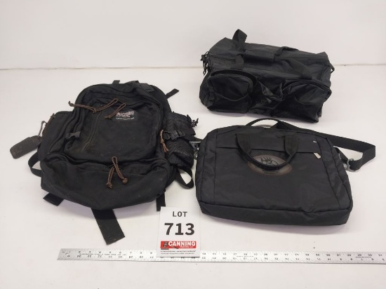 Black backpack, duffel bag, side bag