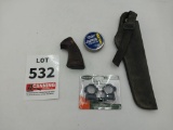 Weaver scope mount, pistol grip, pellets, holster