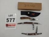 2 pocket knives and hunting knife with sheath