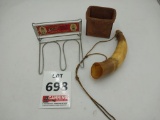 Powder horn, boot saver, leather shogun shell box