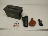 Ammo box, 3 leather pistol holders