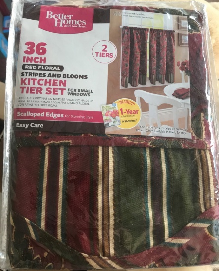 BETTER HOMES & GARDENS 36" RED FLORAL KITCHEN TIER CURTAINS SET