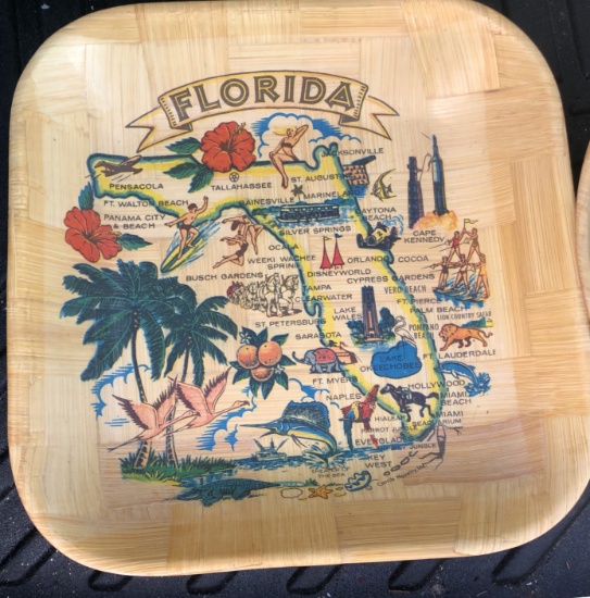 SQUARE VINTAGE FLORIDA STATE MAP BAMBOO SOUVENIR BOWL