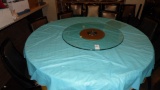 6 FT. WOOD TABLE w/ 8 CHAIRS & LAZY SUSAN