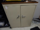 Tan Storage Cabinet with Wood Top, Contents