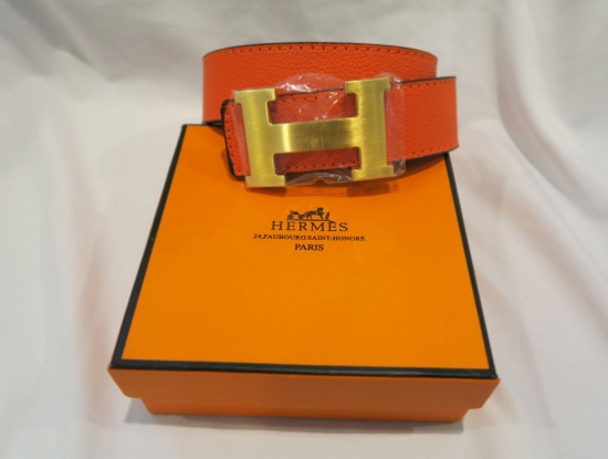 Hermes H Belt Buckle with reversible leather strap in black/orange, in Hermes box