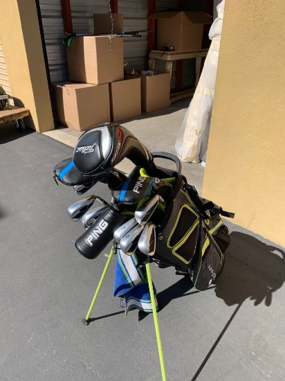 Golf Clubs: Maxfli Gray and Green Golf Bag with Titleist 915d Driver, Ping 5 Wood, Ping Hybrid 2, Pi