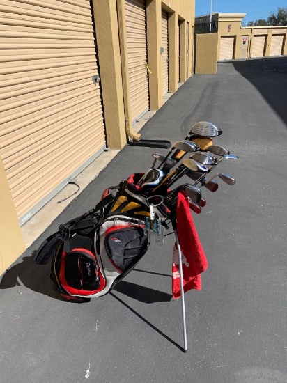Golf Clubs: Taylormade Red and Black Golf Bag with Warrior 9.5 Driver, Warrior 3, 5 Wood, Bazooka 3