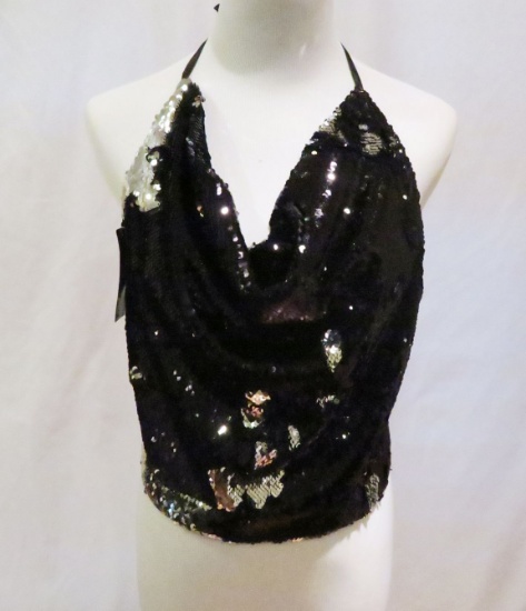 Bebe Black Sequined Tie-Back Top, size S, new with tags