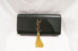 Yves St. Laurent Monogram Kate Cassandre Tassel Black Gold Calfskin Leather Clutch
