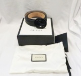 Gucci Black Leather Belt with black interlocking Gucci GG logo buckle, box, dust bag, size 44