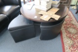 Round Coffee Table with (4) Leather Storage Ottomans