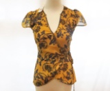 Bebe Yellow/Blue Floral Print Tulip Sleeve Top, size XXS, new with tags
