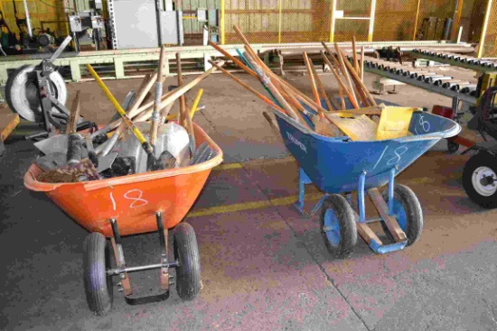 (2) WHEEL BARRELS & CLEAN UP TOOLS