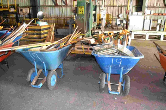 (2) WHEEL BARRELS & CLEAN UP TOOLS