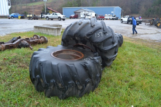 (4) 28L X 26 SKIDDER TIRES ON TIMBERJACK WHEELS