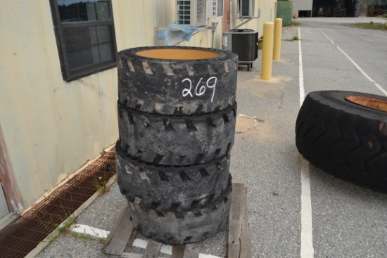 (4) SOLID TIRES & RIMS FOR CAT SKID STEER 12X16.5