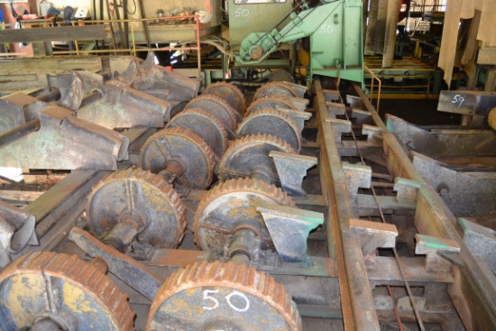 SALEM HEAVY DUTY ROSSER HEAD DEBARKER W/ 4" BULL WHEEL SHAFTS W/ 75HP MOTOR W/ SLANT TRACK W/ 4'X5'