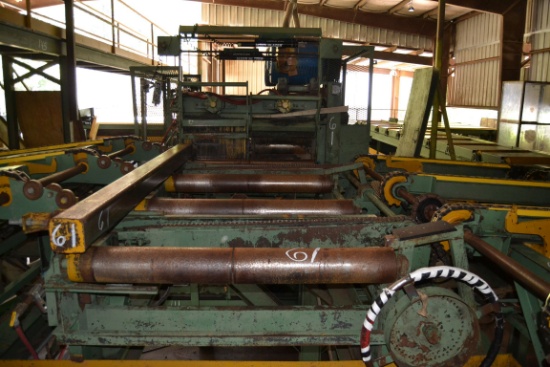 CORLEY 8"X60'" COMBOINATION GANG EDGER W/2MOVABLE SAWS W/SPLIT ROLLS W/HANDS OFF END FEED W/CANT TUR