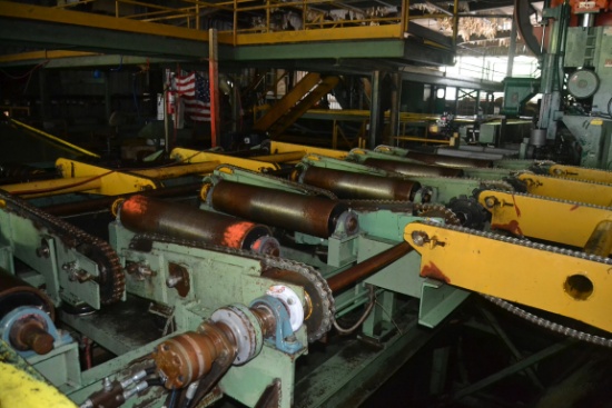 CORLEY 36"X17' OUTFEED ROLLCASE W/ 2 WAY SEPERATORS W/ DRIVE