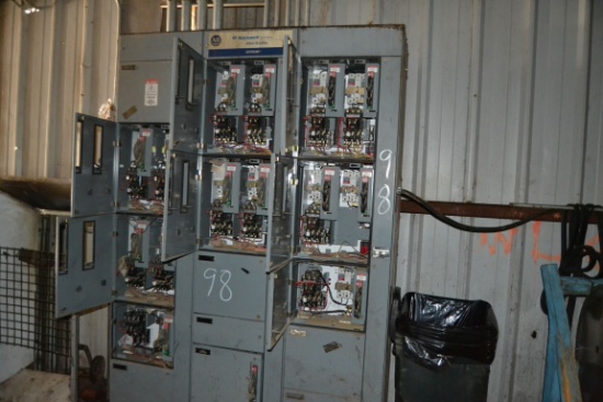 ALLEN BRADLEY MCC PANEL W/ 13 SIZE 1 STARTER W/ DISCONNECT CONTROLS TRIMMER AREA