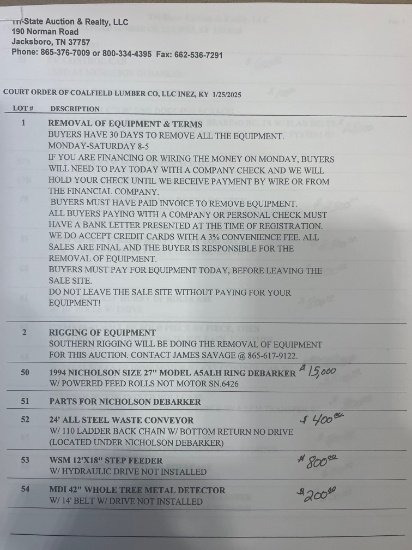RIGGING OF EQUIPMENT SOUTHERN RIGGING WILL BE DOING THE REMOVAL OF EQUIPMENT FOR THIS AUCTION. CONTA