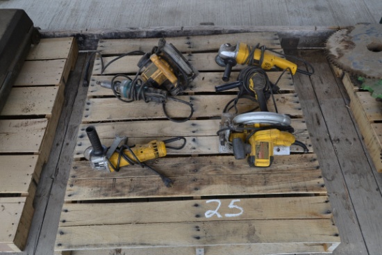 2 DEWALT SIDE GRINDERS W/2 DEWALT SKIL SAWS & DEWALT SANDER