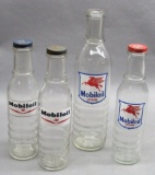 Lot of 4 Mobiloil Glass Oil Bottles- 3 w/ Caps