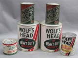 Lot of 6 Wolf's Head Motor Oil Cans- Heavy Duty