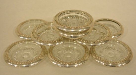 Set Of 10 Sterling & Glass Coasters By Raimond
