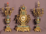 Brass & Marble Clock & Candelabr Set by Brevet ATO