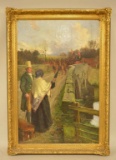 English Bridge Scene Oil On Canvas
