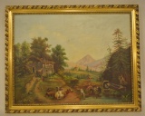 19c. Folk Art Farm Scene Oil on Canvas